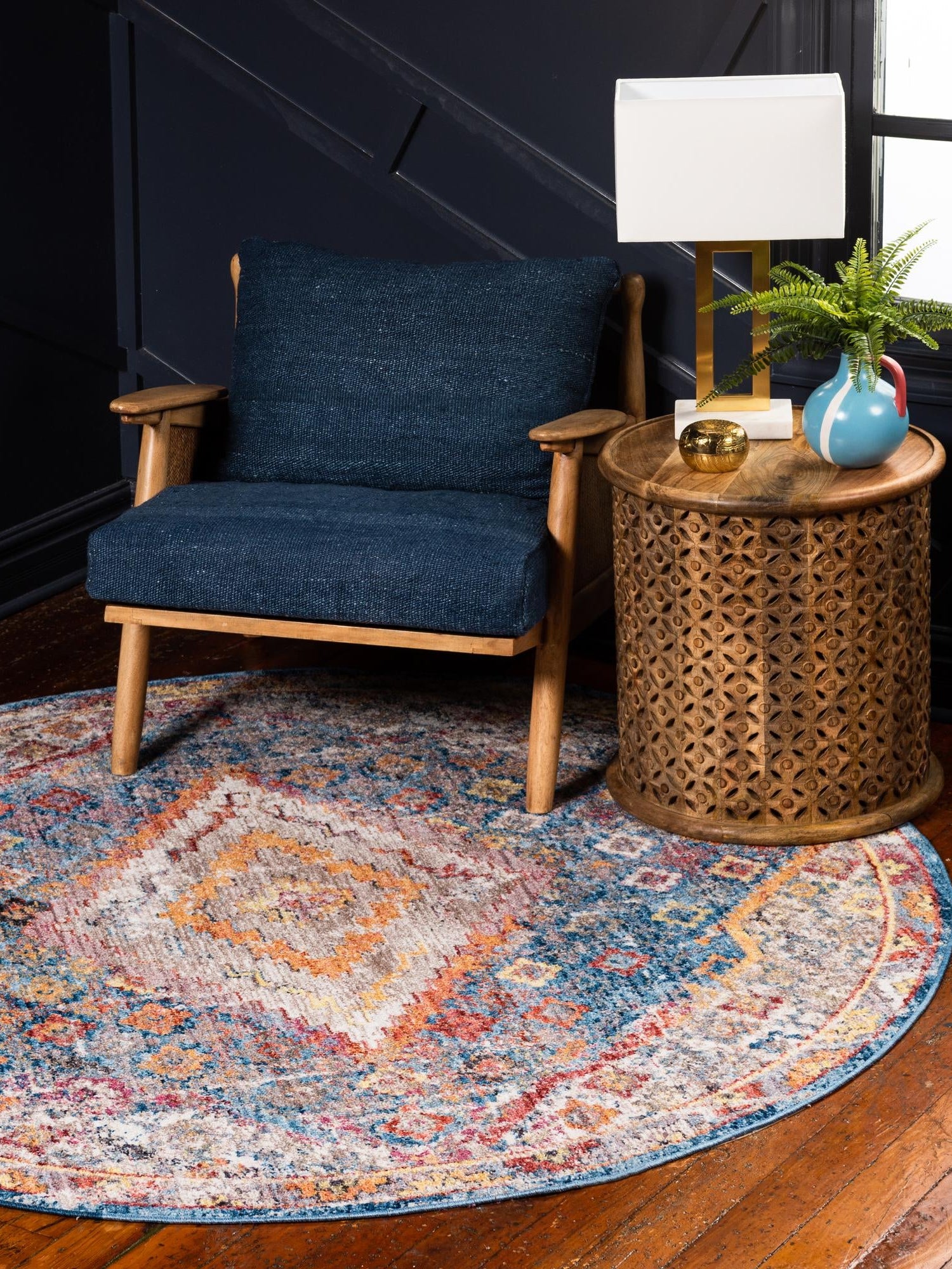 Blue 6' 1 x 6' 1 Brighton Round Area Rug 100% Polyester With Jute Backing Vintage Distressed Colorful Traditional Carpet for Interior Room Design for Sale at Rug Engine