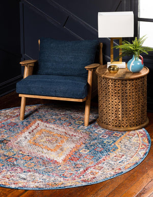 Blue 6' 1 x 6' 1 Brighton Round Area Rug 100% Polyester With Jute Backing Vintage Distressed Colorful Traditional Carpet for Interior Room Design for Sale at Rug Engine