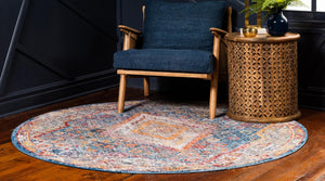 Blue 3' 3 x 3' 3 Brighton Round Area Rug 100% Polyester With Jute Backing Vintage Distressed Colorful Traditional Carpet for Interior Room Design for Sale at Rug Engine
