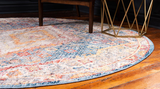 Blue 3' 3 x 3' 3 Brighton Round Area Rug 100% Polyester With Jute Backing Vintage Distressed Colorful Traditional Carpet for Interior Room Design for Sale at Rug Engine