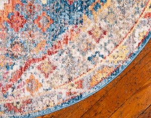 Blue 6' 1 x 6' 1 Brighton Round Area Rug 100% Polyester With Jute Backing Vintage Distressed Colorful Traditional Carpet for Interior Room Design for Sale at Rug Engine