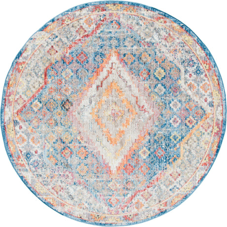 Blue 6' 1 x 6' 1 Brighton Round Area Rug 100% Polyester With Jute Backing Vintage Distressed Colorful Traditional Carpet for Interior Room Design for Sale at Rug Engine