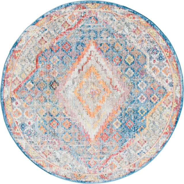 Blue 6' 1 x 6' 1 Brighton Round Area Rug 100% Polyester With Jute Backing Vintage Distressed Colorful Traditional Carpet for Interior Room Design for Sale at Rug Engine