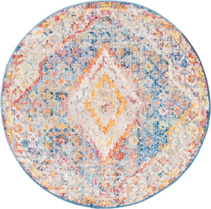 Blue 3' 3 x 3' 3 Brighton Round Area Rug 100% Polyester With Jute Backing Vintage Distressed Colorful Traditional Carpet for Interior Room Design for Sale at Rug Engine