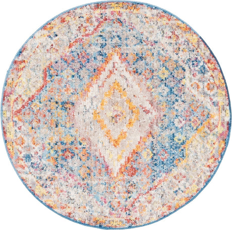 Blue 3' 3 x 3' 3 Brighton Round Area Rug 100% Polyester With Jute Backing Vintage Distressed Colorful Traditional Carpet for Interior Room Design for Sale at Rug Engine