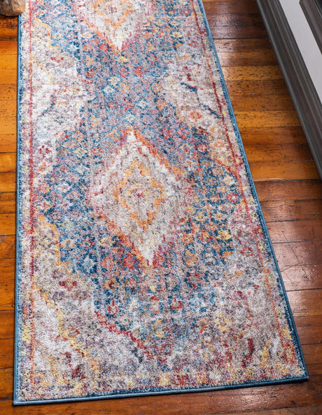 Blue 2' 7 x 8' 2 Brighton Runner Area Rug 100% Polyester With Jute Backing Vintage Distressed Colorful Traditional Carpet for Interior Room Design for Sale at Rug Engine