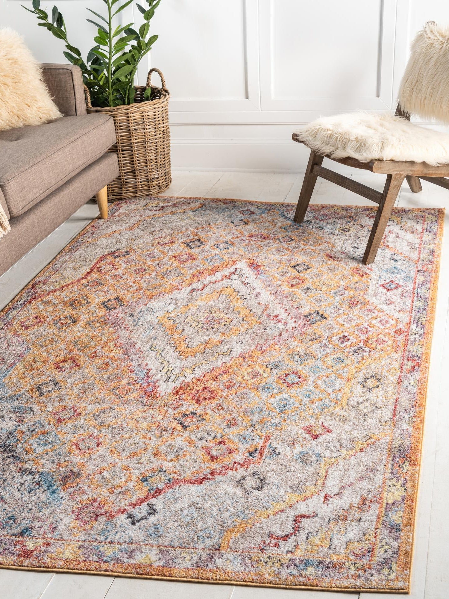Orange 5' 3 x 7' 10 Brighton Rectangle Area Rug 100% Polyester With Jute Backing Vintage Distressed Colorful Traditional Carpet for Interior Room Design for Sale at Rug Engine