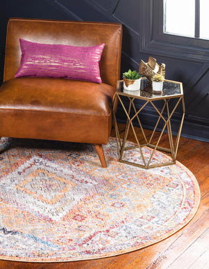 Orange 6' 1 x 6' 1 Brighton Round Area Rug 100% Polyester With Jute Backing Vintage Distressed Colorful Traditional Carpet for Interior Room Design for Sale at Rug Engine
