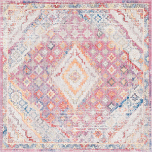 Multicolor 8' x 8' Brighton Square Area Rug 100% Polyester With Jute Backing Vintage Distressed Colorful Traditional Carpet for Interior Room Design for Sale at Rug Engine