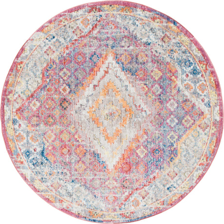 Multicolor 6' 1 x 6' 1 Brighton Round Area Rug 100% Polyester With Jute Backing Vintage Distressed Colorful Traditional Carpet for Interior Room Design for Sale at Rug Engine