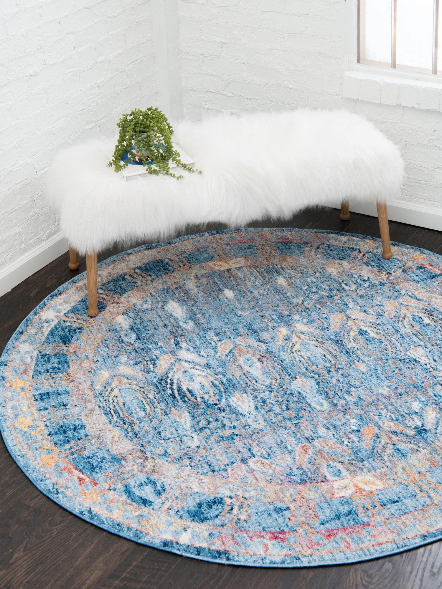 Blue 3' 3 x 3' 3 Brighton Round Area Rug 100% Polyester With Jute Backing Vintage Distressed Colorful Traditional Carpet for Interior Room Design for Sale at Rug Engine