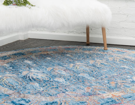 Blue 6' 1 x 6' 1 Brighton Round Area Rug 100% Polyester With Jute Backing Vintage Distressed Colorful Traditional Carpet for Interior Room Design for Sale at Rug Engine