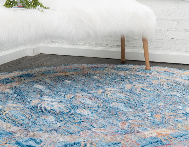 Blue 6' 1 x 6' 1 Brighton Round Area Rug 100% Polyester With Jute Backing Vintage Distressed Colorful Traditional Carpet for Interior Room Design for Sale at Rug Engine