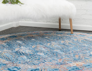 Blue 3' 3 x 3' 3 Brighton Round Area Rug 100% Polyester With Jute Backing Vintage Distressed Colorful Traditional Carpet for Interior Room Design for Sale at Rug Engine