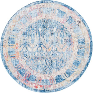 Blue 3' 3 x 3' 3 Brighton Round Area Rug 100% Polyester With Jute Backing Vintage Distressed Colorful Traditional Carpet for Interior Room Design for Sale at Rug Engine