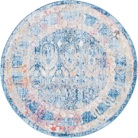 Blue 3' 3 x 3' 3 Brighton Round Area Rug 100% Polyester With Jute Backing Vintage Distressed Colorful Traditional Carpet for Interior Room Design for Sale at Rug Engine