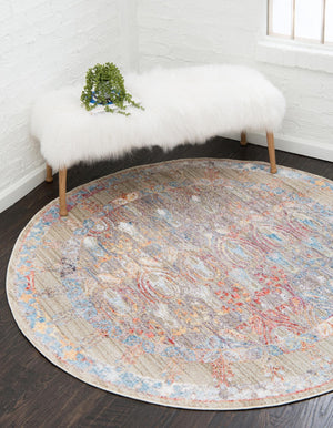 Light Green 3' 3 x 3' 3 Brighton Round Area Rug 100% Polyester With Jute Backing Vintage Distressed Colorful Traditional Carpet for Interior Room Design for Sale at Rug Engine