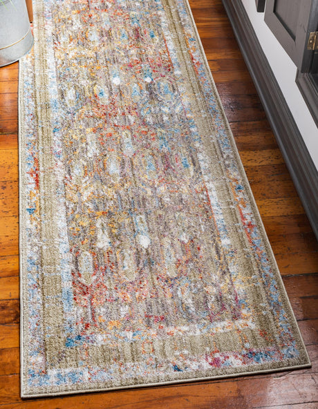 Light Green 2' 7 x 8' 2 Brighton Runner Area Rug 100% Polyester With Jute Backing Vintage Distressed Colorful Traditional Carpet for Interior Room Design for Sale at Rug Engine