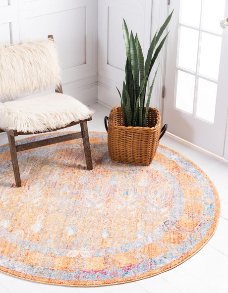 Orange 3' 3 x 3' 3 Brighton Round Area Rug 100% Polyester With Jute Backing Vintage Distressed Colorful Traditional Carpet for Interior Room Design for Sale at Rug Engine