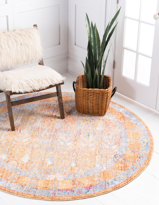 Orange 3' 3 x 3' 3 Brighton Round Area Rug 100% Polyester With Jute Backing Vintage Distressed Colorful Traditional Carpet for Interior Room Design for Sale at Rug Engine