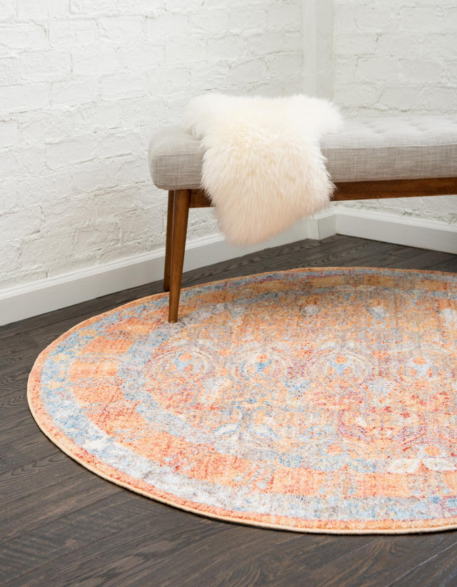 Orange 3' 3 x 3' 3 Brighton Round Area Rug 100% Polyester With Jute Backing Vintage Distressed Colorful Traditional Carpet for Interior Room Design for Sale at Rug Engine