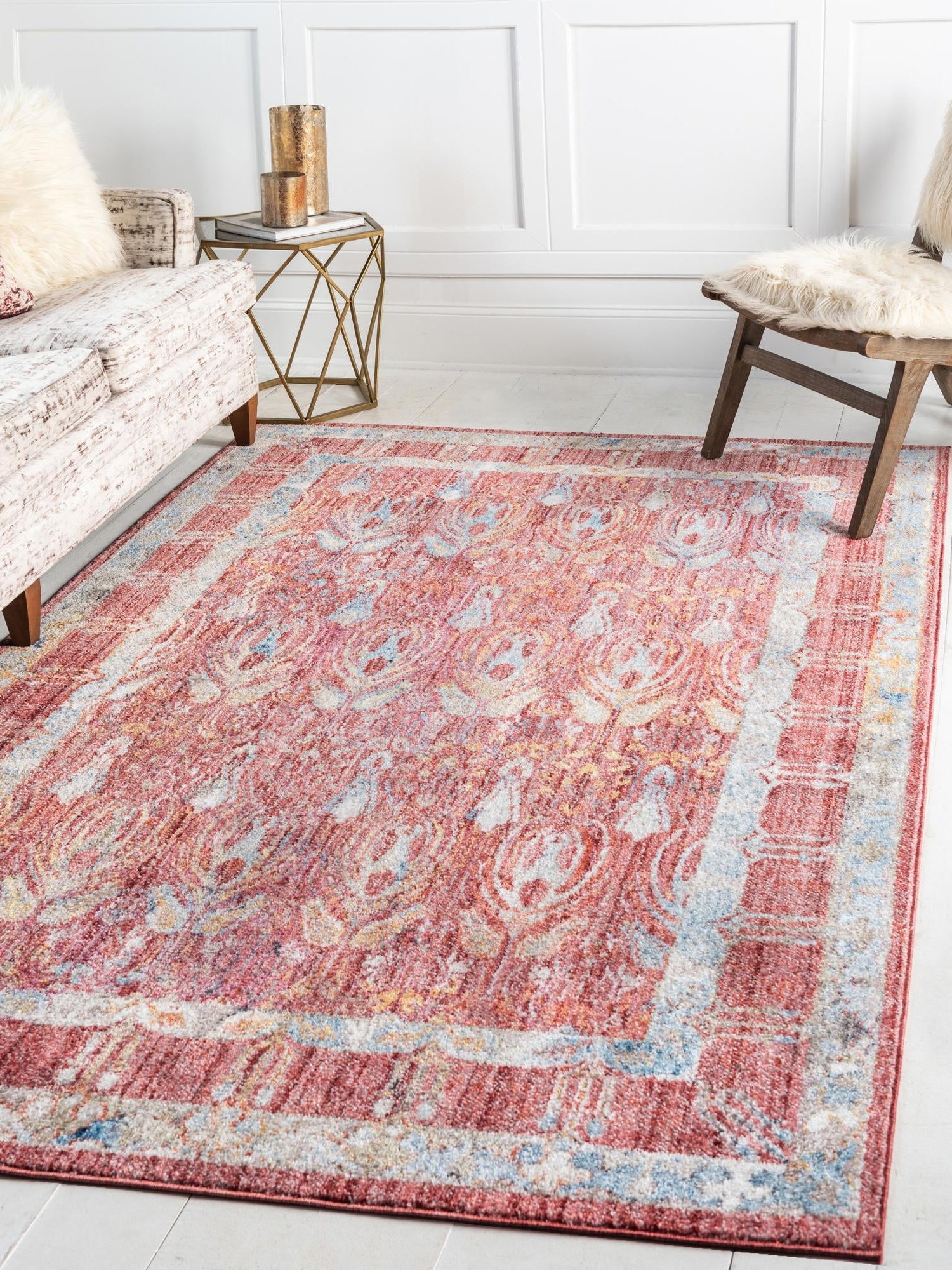 Red 3' 3 x 5' 3 Brighton Rectangle Area Rug 100% Polyester With Jute Backing Vintage Distressed Colorful Traditional Carpet for Interior Room Design for Sale at Rug Engine