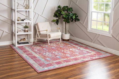 Red 8' x 8' Brighton Square Area Rug 100% Polyester With Jute Backing Vintage Distressed Colorful Traditional Carpet for Interior Room Design for Sale at Rug Engine