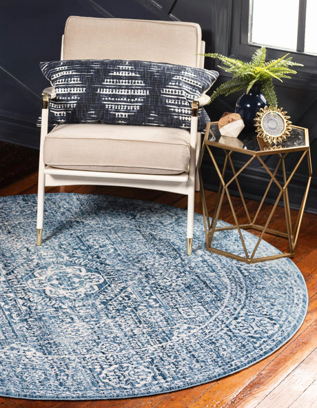 Blue 6' 1 x 6' 1 Brighton Round Area Rug 100% Polyester With Jute Backing Vintage Distressed Colorful Traditional Carpet for Interior Room Design for Sale at Rug Engine