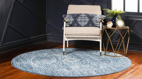 Blue 3' 3 x 3' 3 Brighton Round Area Rug 100% Polyester With Jute Backing Vintage Distressed Colorful Traditional Carpet for Interior Room Design for Sale at Rug Engine