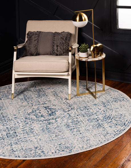 Light Blue 6' 1 x 6' 1 Brighton Round Area Rug 100% Polyester With Jute Backing Vintage Distressed Colorful Traditional Carpet for Interior Room Design for Sale at Rug Engine