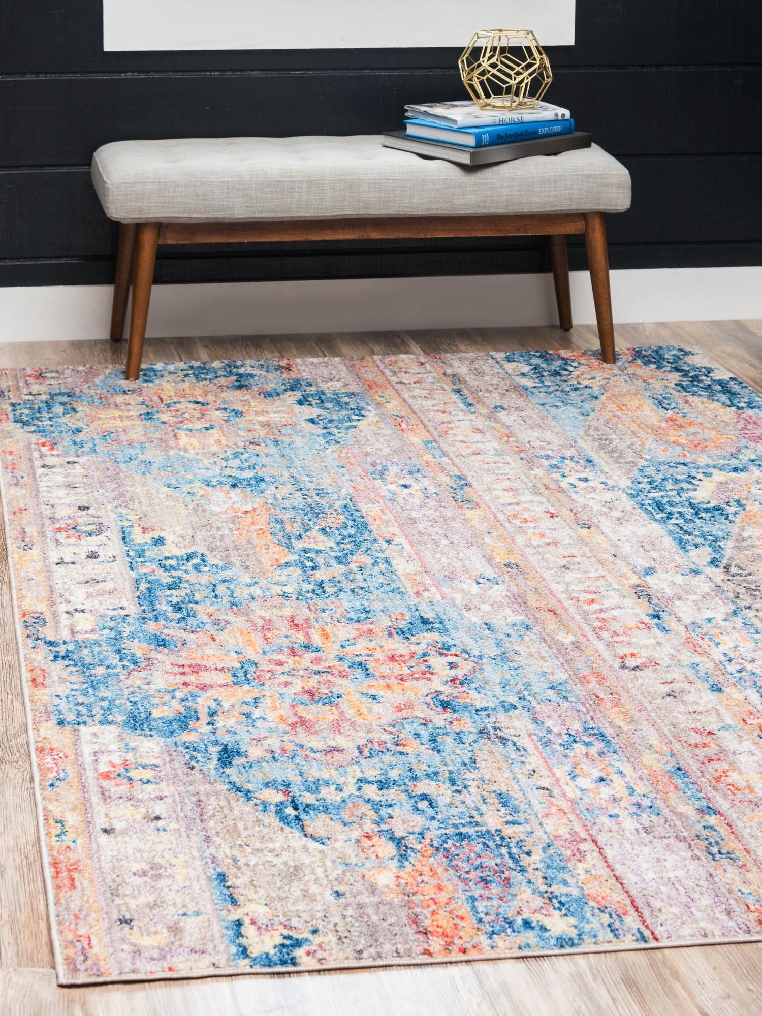Blue 5' 1 x 8' Basilica Rectangle Area Rug 100% Polyester With Jute Backing Colorful Distressed Vintage Modern Carpet for Dorm Room Living Dining Office Decor Easy to Clean Rustic Interior Design for Sale at Rug Engine