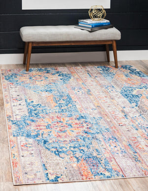 Blue 5' 1 x 8' Basilica Rectangle Area Rug 100% Polyester With Jute Backing Colorful Distressed Vintage Modern Carpet for Dorm Room Living Dining Office Decor Easy to Clean Rustic Interior Design for Sale at Rug Engine