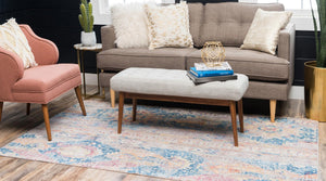 Blue 5' 1 x 8' Basilica Rectangle Area Rug 100% Polyester With Jute Backing Colorful Distressed Vintage Modern Carpet for Dorm Room Living Dining Office Decor Easy to Clean Rustic Interior Design for Sale at Rug Engine