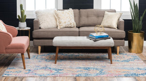 Blue 5' 1 x 8' Basilica Rectangle Area Rug 100% Polyester With Jute Backing Colorful Distressed Vintage Modern Carpet for Dorm Room Living Dining Office Decor Easy to Clean Rustic Interior Design for Sale at Rug Engine