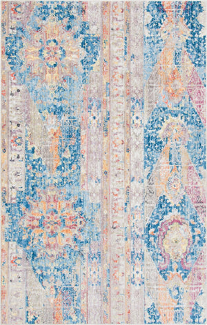 Blue 5' 1 x 8' Basilica Rectangle Area Rug 100% Polyester With Jute Backing Colorful Distressed Vintage Modern Carpet for Dorm Room Living Dining Office Decor Easy to Clean Rustic Interior Design for Sale at Rug Engine