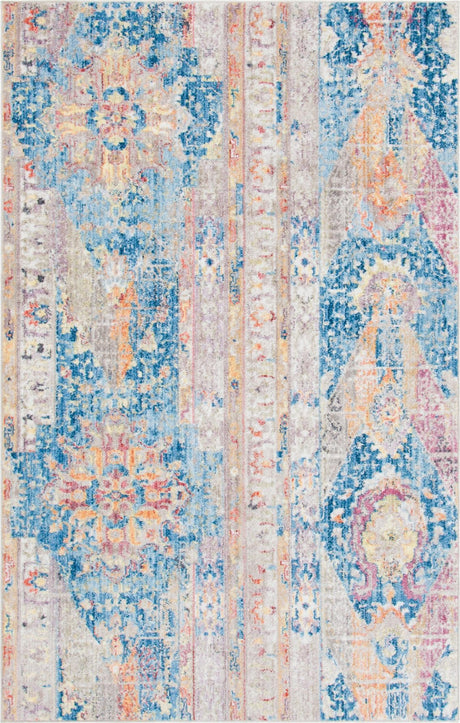 Blue 5' 1 x 8' Basilica Rectangle Area Rug 100% Polyester With Jute Backing Colorful Distressed Vintage Modern Carpet for Dorm Room Living Dining Office Decor Easy to Clean Rustic Interior Design for Sale at Rug Engine