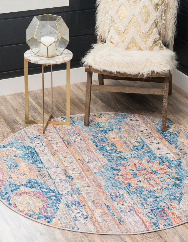 Blue 8' x 8' Basilica Round Area Rug 100% Polyester With Jute Backing Colorful Distressed Vintage Modern Carpet for Dorm Room Living Dining Office Decor Easy to Clean Rustic Interior Design for Sale at Rug Engine