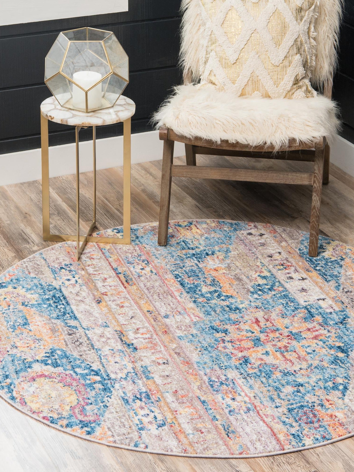 Blue 5' x 5' Basilica Round Area Rug 100% Polyester With Jute Backing Colorful Distressed Vintage Modern Carpet for Dorm Room Living Dining Office Decor Easy to Clean Rustic Interior Design for Sale at Rug Engine