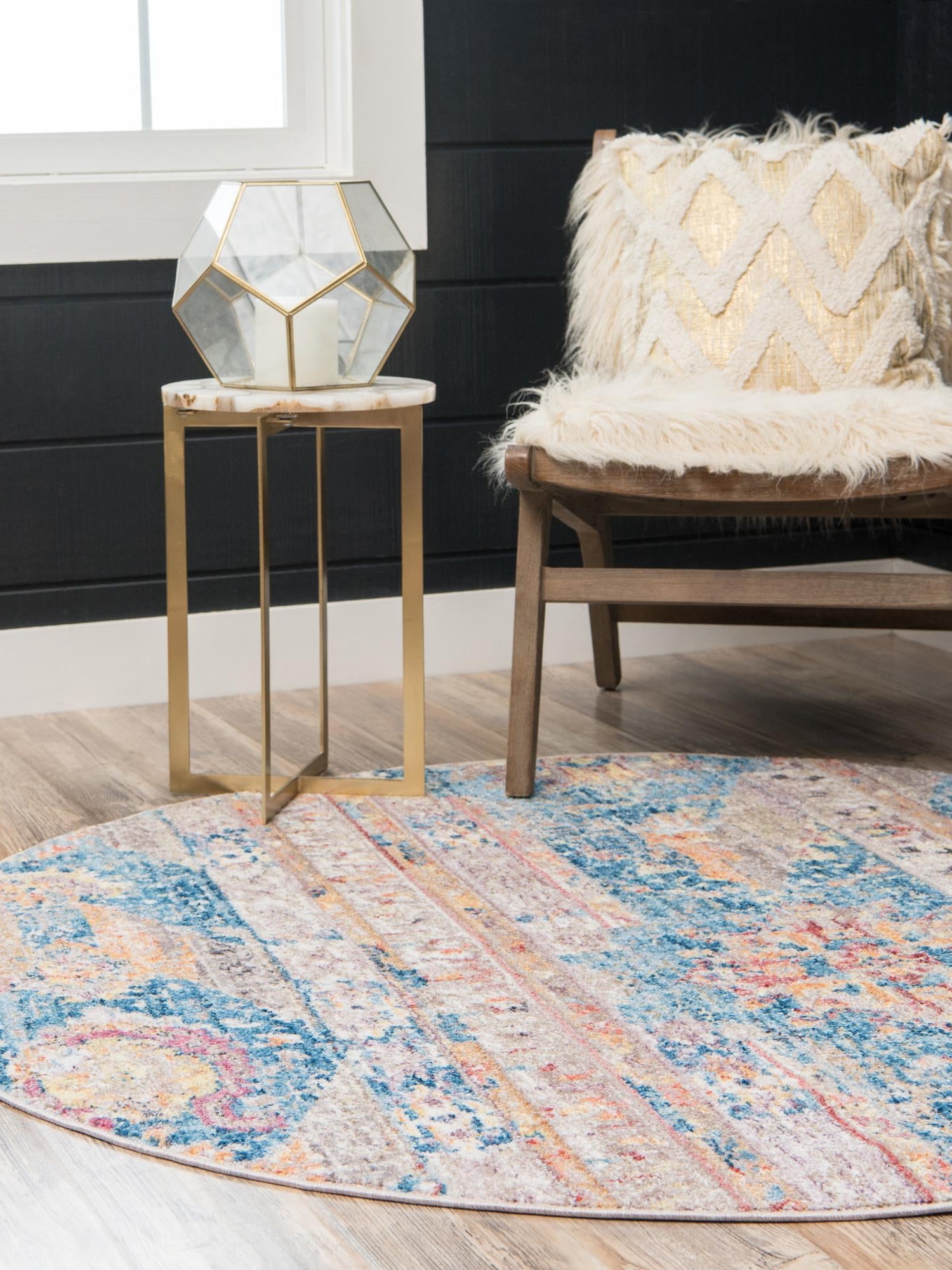 Blue 8' x 8' Basilica Round Area Rug 100% Polyester With Jute Backing Colorful Distressed Vintage Modern Carpet for Dorm Room Living Dining Office Decor Easy to Clean Rustic Interior Design for Sale at Rug Engine