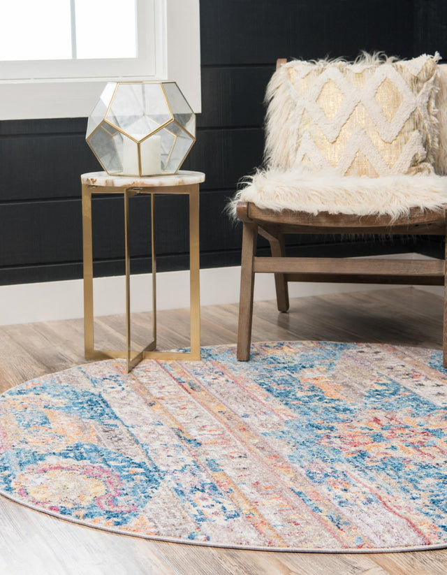 Blue 3' 3 x 3' 3 Basilica Round Area Rug 100% Polyester With Jute Backing Colorful Distressed Vintage Modern Carpet for Dorm Room Living Dining Office Decor Easy to Clean Rustic Interior Design for Sale at Rug Engine