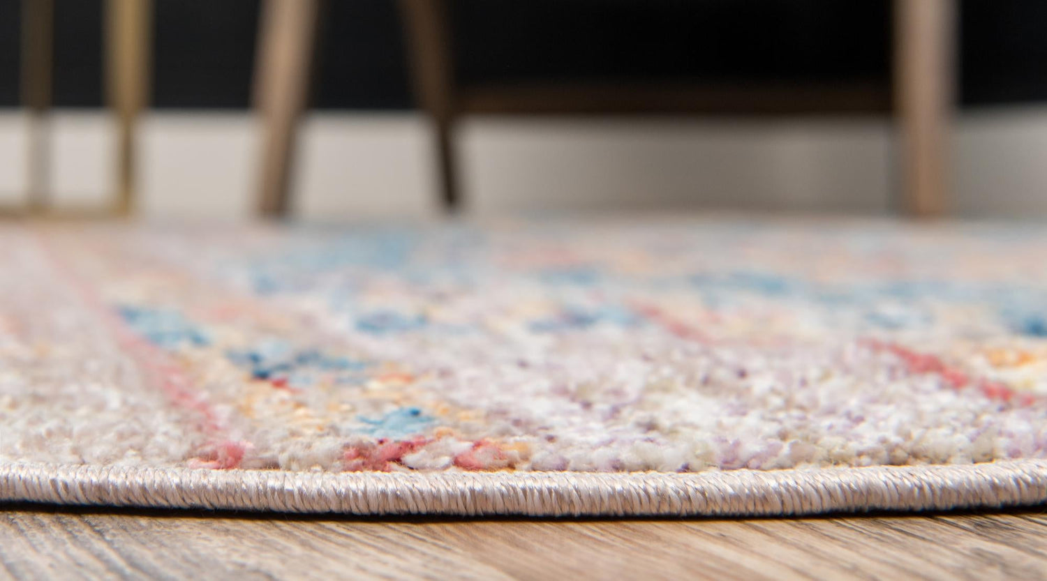 Blue 8' x 8' Basilica Round Area Rug 100% Polyester With Jute Backing Colorful Distressed Vintage Modern Carpet for Dorm Room Living Dining Office Decor Easy to Clean Rustic Interior Design for Sale at Rug Engine