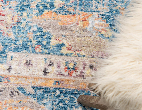 Blue 3' 3 x 3' 3 Basilica Round Area Rug 100% Polyester With Jute Backing Colorful Distressed Vintage Modern Carpet for Dorm Room Living Dining Office Decor Easy to Clean Rustic Interior Design for Sale at Rug Engine