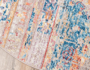 Blue 8' x 8' Basilica Round Area Rug 100% Polyester With Jute Backing Colorful Distressed Vintage Modern Carpet for Dorm Room Living Dining Office Decor Easy to Clean Rustic Interior Design for Sale at Rug Engine