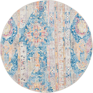 Blue 5' x 5' Basilica Round Area Rug 100% Polyester With Jute Backing Colorful Distressed Vintage Modern Carpet for Dorm Room Living Dining Office Decor Easy to Clean Rustic Interior Design for Sale at Rug Engine