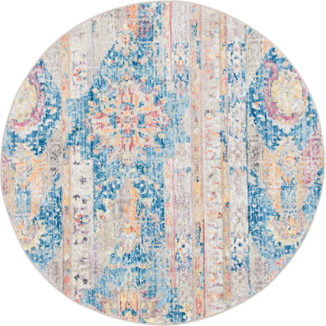 Blue 5' x 5' Basilica Round Area Rug 100% Polyester With Jute Backing Colorful Distressed Vintage Modern Carpet for Dorm Room Living Dining Office Decor Easy to Clean Rustic Interior Design for Sale at Rug Engine