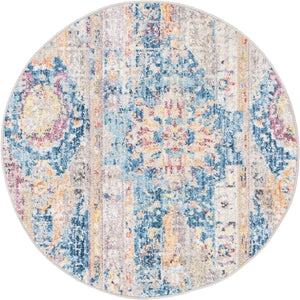 Blue 3' 3 x 3' 3 Basilica Round Area Rug 100% Polyester With Jute Backing Colorful Distressed Vintage Modern Carpet for Dorm Room Living Dining Office Decor Easy to Clean Rustic Interior Design for Sale at Rug Engine