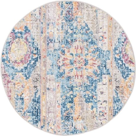 Blue 3' 3 x 3' 3 Basilica Round Area Rug 100% Polyester With Jute Backing Colorful Distressed Vintage Modern Carpet for Dorm Room Living Dining Office Decor Easy to Clean Rustic Interior Design for Sale at Rug Engine