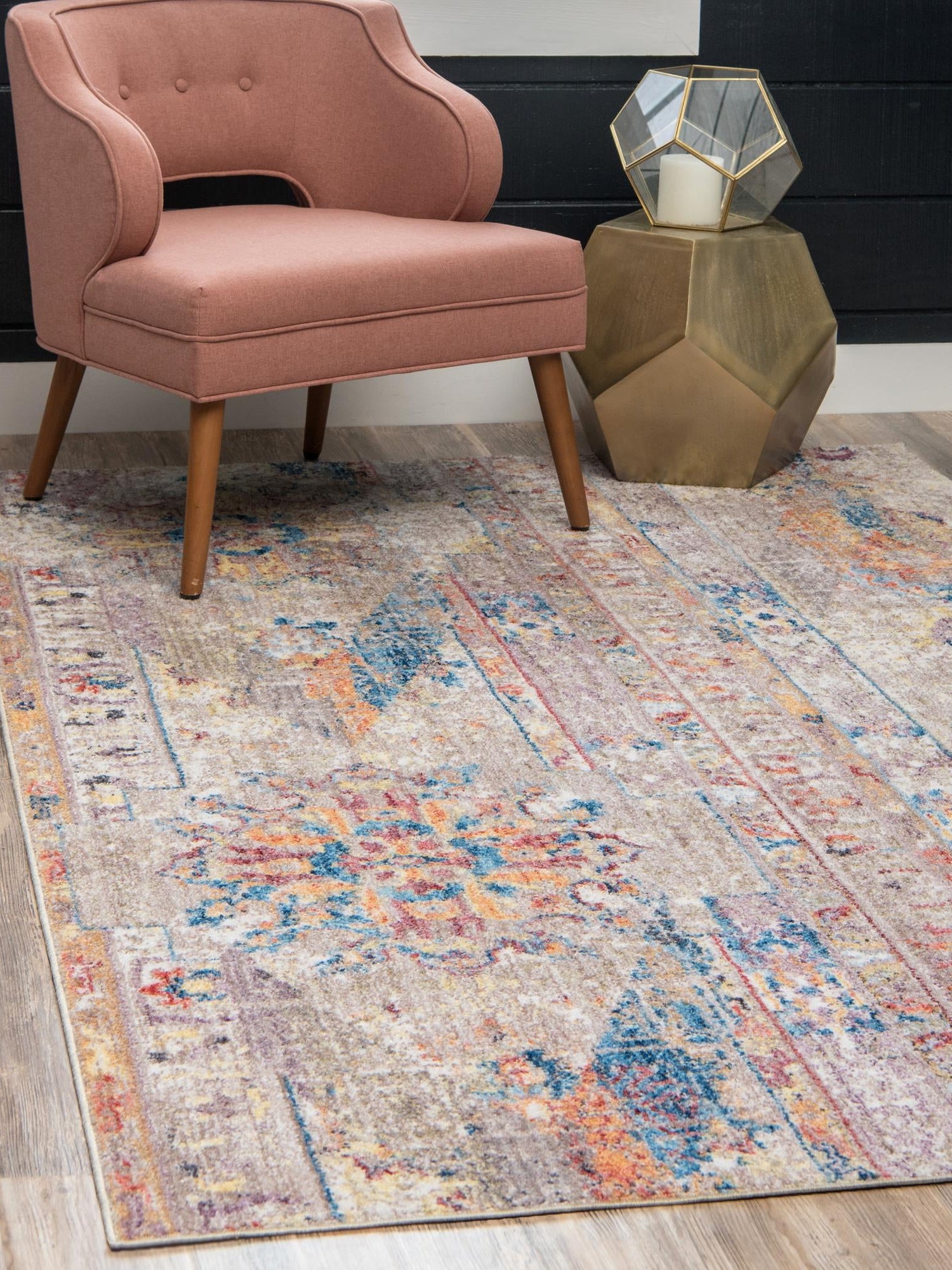 Beige 5' 1 x 8' Basilica Rectangle Area Rug 100% Polyester With Jute Backing Colorful Distressed Vintage Modern Carpet for Dorm Room Living Dining Office Decor Easy to Clean Rustic Interior Design for Sale at Rug Engine