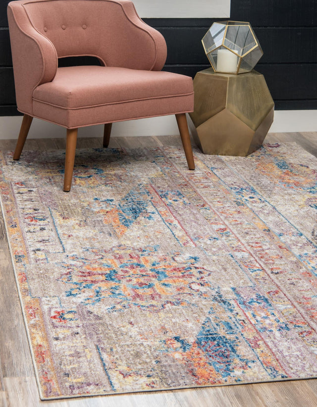Beige 5' 1 x 8' Basilica Rectangle Area Rug 100% Polyester With Jute Backing Colorful Distressed Vintage Modern Carpet for Dorm Room Living Dining Office Decor Easy to Clean Rustic Interior Design for Sale at Rug Engine