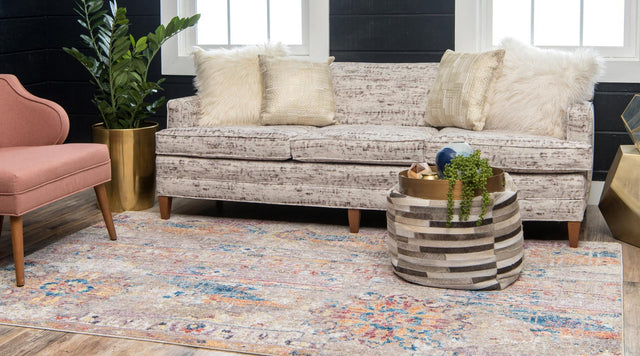 Beige 5' 1 x 8' Basilica Rectangle Area Rug 100% Polyester With Jute Backing Colorful Distressed Vintage Modern Carpet for Dorm Room Living Dining Office Decor Easy to Clean Rustic Interior Design for Sale at Rug Engine